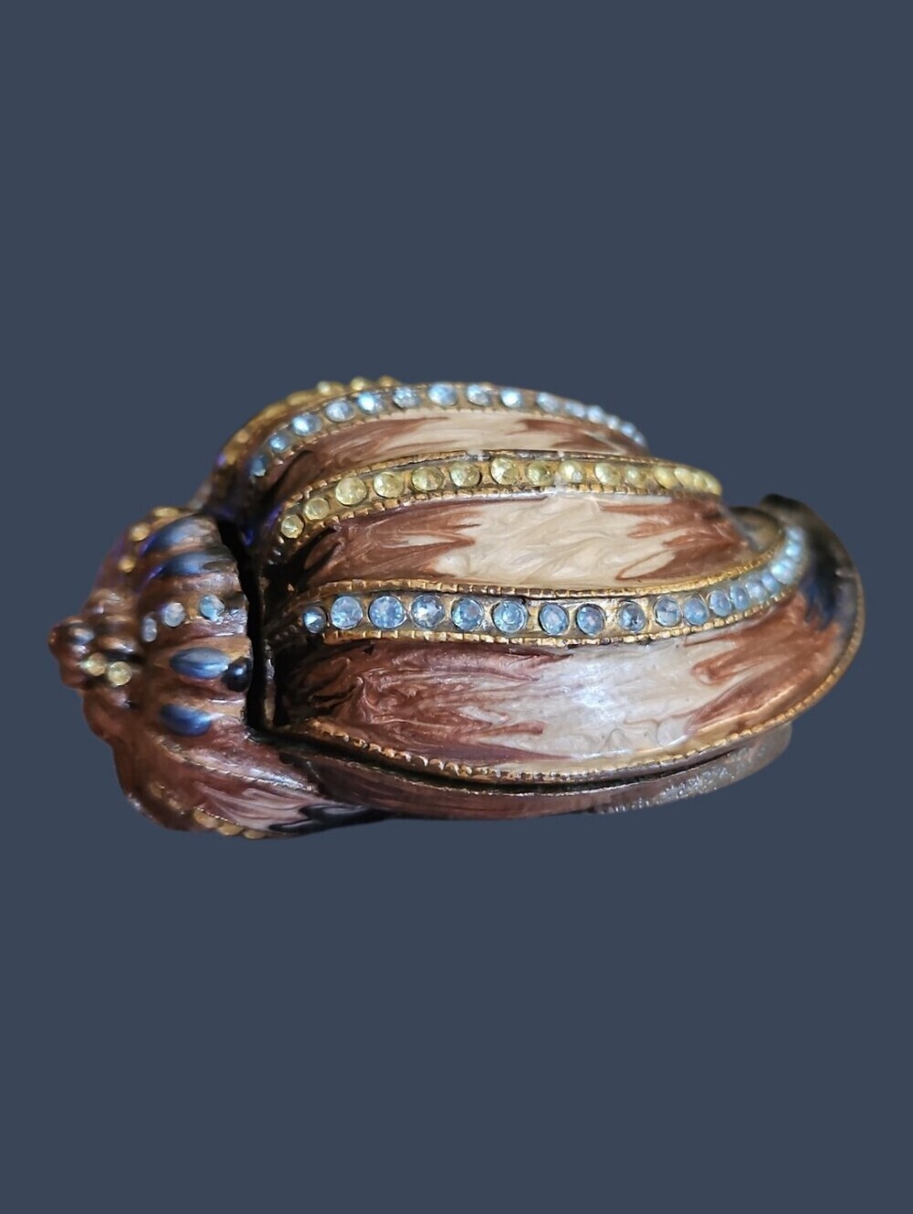 Vintage Brass Enamel Crystal Seashell Trinket Jewelry Box